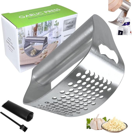 Stainless Steel Garlic Press Rocker with Bottle Opener, 304 Heavy Duty Garlic Mincer & Crusher Tool with Peeler and Cleaning Brush, Easy-Clean Garlic Chopper Kitchen Gadget