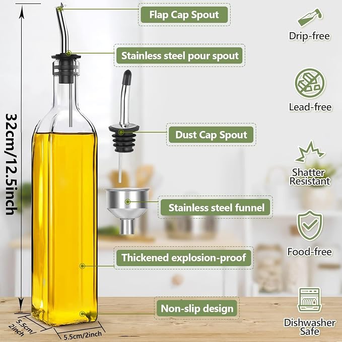 Leaflai Olive Oil Dispenser, 500 ml/17 oz Vinegar and Olive Oil Bottle Dispenser Oil Bottles for Kitchen with 1 Pourers,2 Labels and 1 Funnel, Home Square Tall Glass Oil Container As Gift