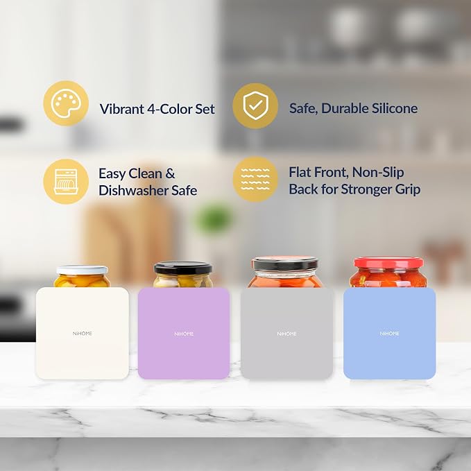 NiHome Silicone Jar Opener Gripper Pads, 6 In for Seniors, Morandi, 4PC | Textured Back for Superior Grip on Stubborn Lids, BPA-Free Food-Grade, Heat Resistant, Dishwasher Safe, Rounded Square