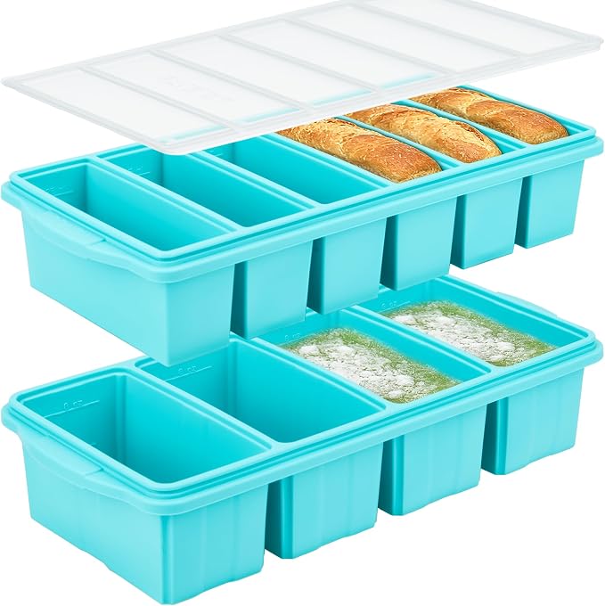 Silicone Freezer Tray With Lid-Soup Freezer Container molds-Large Ice Cube Tray Set Makes 1-Cup & 1/2-Cup portions cubes Perfect for preparing meals in different portion sizes Oven & Dishwasher -Safe