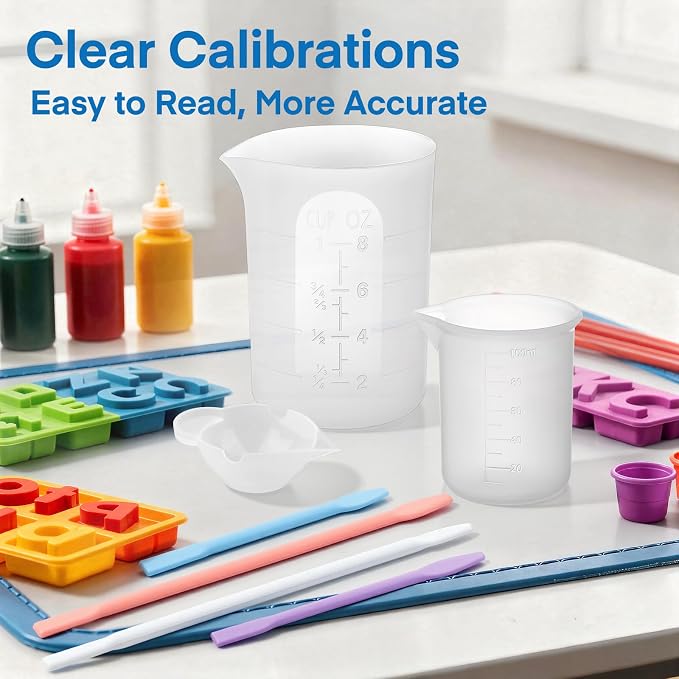 Gartful 16PCS Silicone Measuring Cups Set, Resin Casting DIY Tool Kit, 2PCS 250ml Large Pouring Cups, 4PCS 100ml Reusable Measurements Cups, 4pcs Mixing Cups, 2PCS Large and 4 Smaller Stir Sticks