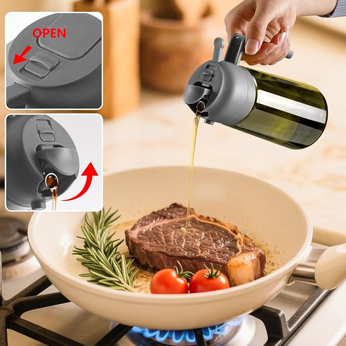 SWEET VIEW Olive Oil Dispenser and Oil Sprayer 16oz/470ml | Glass Light-Proof Oil Pourer for Kitchen Air Fryer, Cooking, Salad, and BBQ, with Stickers