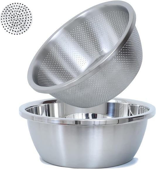 Paoli 304 Stainless Steel Fine Mesh Colander Set, 1.5QT Large Capacity Strainer with Mixing Bowl — Rinse Fruits, Veggies, Rice & Drain Pasta, Dishwasher Safe (2-Piece)