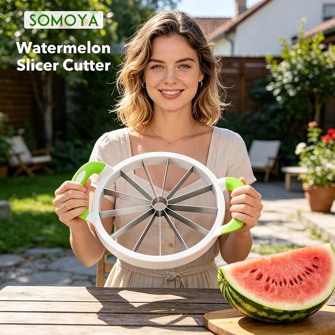 SOMOYA Extra Large Stainless Steel Watermelon Slicer for Home Kitchen | Silicone Handle,Cuts Watermelon,Cantaloupe, Pineapple Dishwasher safe,11inch large Size for Camping,Party & Catering Picnic