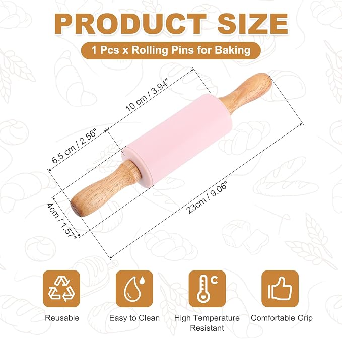 uxcell Rolling Pins for Baking, 9 Inch Silicone Non-Stick Rolling Pin Baking Roller Wooden Handle for Home Kitchen Dough Cookies Pastry, Pink