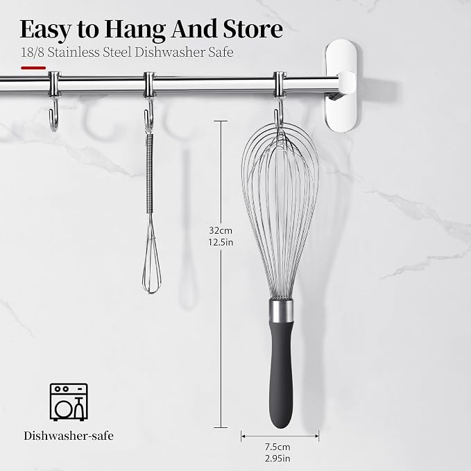 18/8 Stainless Steel Balloon Whisk for Cooking (Large, Black) | Heavy Duty Metal Kitchen Wire Whisker Wisking Tool Egg Beater Hand Mixer for Mixing Baking Beating Stirring Sauce Flour