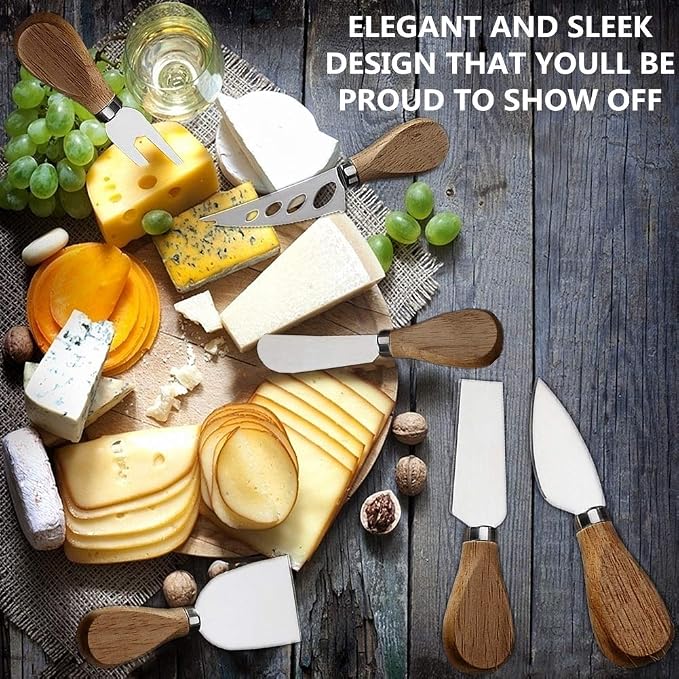 Premium 6-Piece Cheese Knife Set,Complete Stainless Steel Cheese Knives Collection (Acacia Wood Handle)-Charcuterie Boards Accessories,Gift-Ready