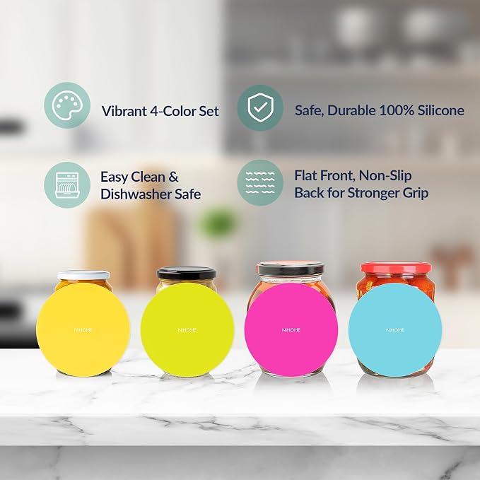 NiHome Silicone Jar Opener Gripper Pads, 6 In for Seniors, Fluorescent, 4PC | Textured Back Pattern For Superior Grip, Food-Grade Silicone, Heat-Resistant Multi-Use Kitchen Pad For Jars, Pots, Spoons