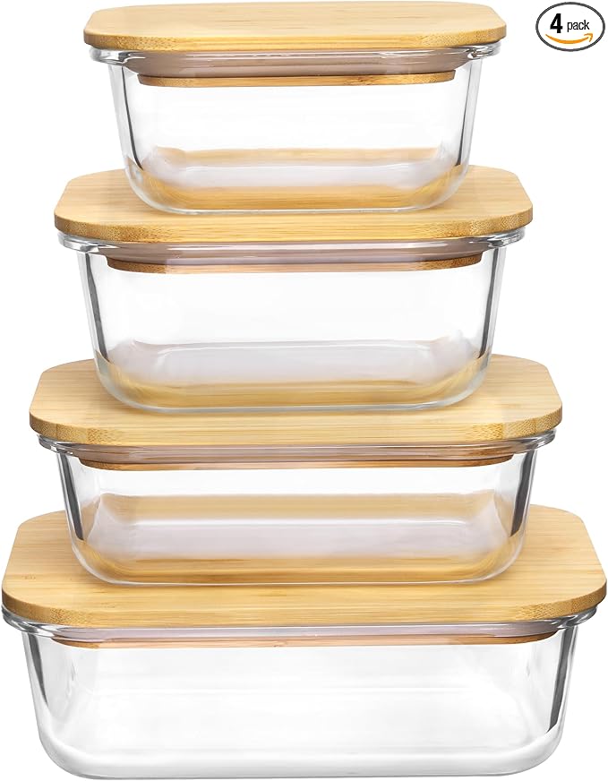 Vtopmart 4 Pack Glass Food Storage Containers with Bamboo Lids Meal Prep | Reusable Meal Prep Containers for Leftovers, Lunch & Kitchen Storage, Microwave, Oven, Freezer and Dishwasher Safe