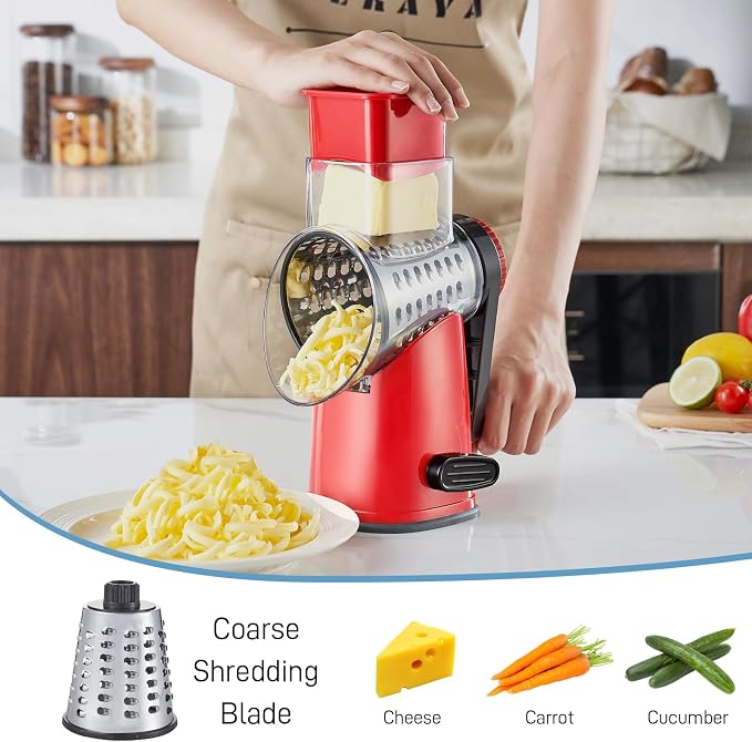 VEKAYA Rotary Cheese Grater Hand Crank with 4 Interchangeable Stainless Steel Blades, Large Manual Handle Shredder and Waffle Slicer for Vegetables, Cheese and Nuts with Table Suction Base (Red)