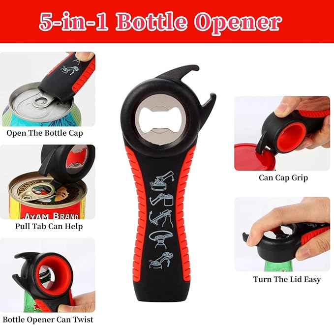Bloss Jar Opener Can Opener Kitchen Grippers, Multi-use Lid Opener Set | Anti-skid Jar Openers for Weak hands, Seniors with Arthritis, Includes Non-slip Rubber Gripper Pad & Wine Opener, Black Red