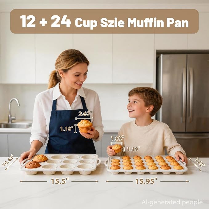 Silicone Muffin Pan Set: Non Stick 12 & 24 Silicone Muffin Pans for Baking Easy Release - Complete Shaping Each Use Avoid Re‑baking - BPA-free Cupcake Tin Reinforced Frame for Oven Home Bakers