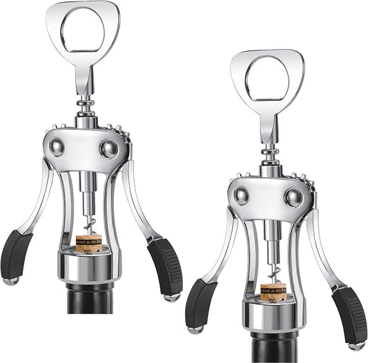 KORCCI Wine Opener, Heavy-Duty Zinc Alloy Wing Corkscrew, Premium Beer Bottle Opener, Multifunctional Wine Accessories with Ergonomic Handle and Sharp Screw, for Kitchen, Bar, Restaurant (2PCS)