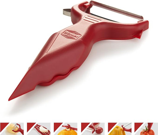 Börner Vegetable Peeler (6-in-1) • Garnishing Peeler with Grater • Multifunctional Peeler for Fruits & Vegetables • Fruit Peeler, Universal Peeler, Potato Peeler • Color: Red