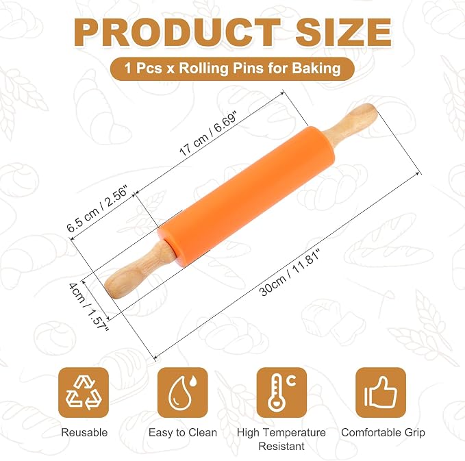 uxcell Rolling Pins for Baking, 12 Inch Silicone Non-Stick Rolling Pin Baking Roller Wooden Handle for Home Kitchen Dough Cookies Pastry, Orange
