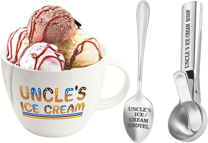 FUTBU Uncle Gifts, Uncle Gifts from Niece/Nephew, Uncle's Ice Cream Bowl Scoop Shovel Spoon Set, Uncle’s Ice Cream Gift Xmas Birthday Father's Day Present for Him
