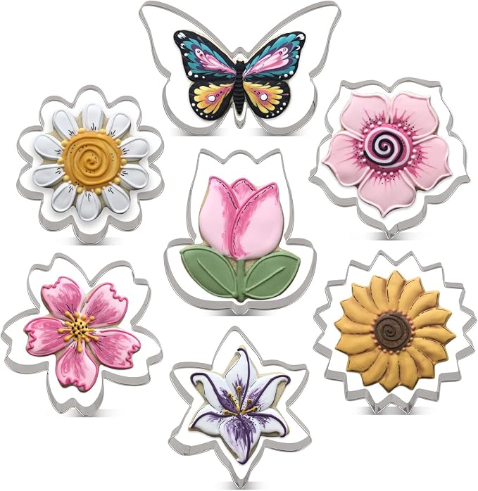 LILIAO Flowers Cookie Cutter Set - 7 Piece - Lily, Daisy, Sunflower, Cherry Blossoms, Tulip, Kapok Flowers and Butterfly Biscuit Fondant Cutters - Stainless Steel