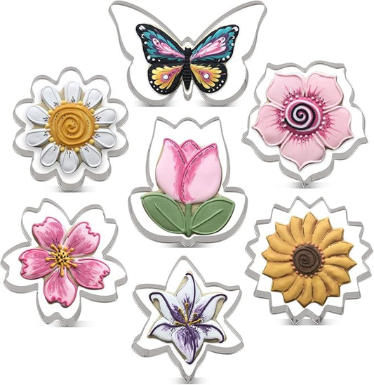 LILIAO Flowers Cookie Cutter Set - 7 Piece - Lily, Daisy, Sunflower, Cherry Blossoms, Tulip, Kapok Flowers and Butterfly Biscuit Fondant Cutters - Stainless Steel