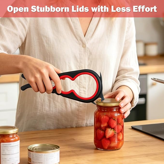 Jar Opener Set for Seniors, Arthritis, Weak Hands (Red&Black) | 6-in-1 Adjustable Jar Opener Can Opener, 4-in-1 Bottle Opener Lid Opener & Rubber Jar Gripper, Multifunctional Kitchen Gadget