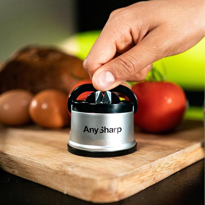 AnySharp – GLOBAL – Hands Free Knife Sharpener - Easy to Use Sharpening Tool with PowerGrip Suction Base and 20-Degree Pre-set Angle - For All Knives: Chef’s, Serrated, and Hardened Steel - Silver