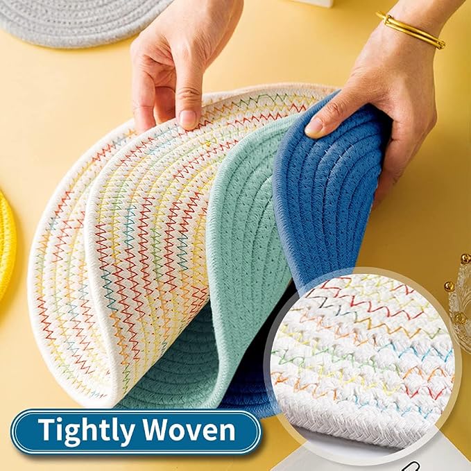 12" Pure Cotton Trivets Set with 0.35" Thick (3 Pcs, Blue) | Tightly Woven, Machine Washable, Heat Resistant, Large, Cute Cat Kitchen Accessories for Hot Dishes Pots Pans, Decor, Gift