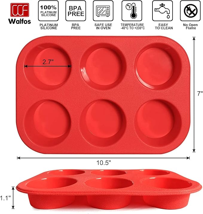 Walfos Silicone Muffin Pan - 6 Cup Non-Stick Silicone Cupcake Pan, Just Release! Food Grade and BPA Free Baking Cups, Perfect for Egg Muffin, Cupcake, Dishwasher Safe (2 Pack Muffin Pan)
