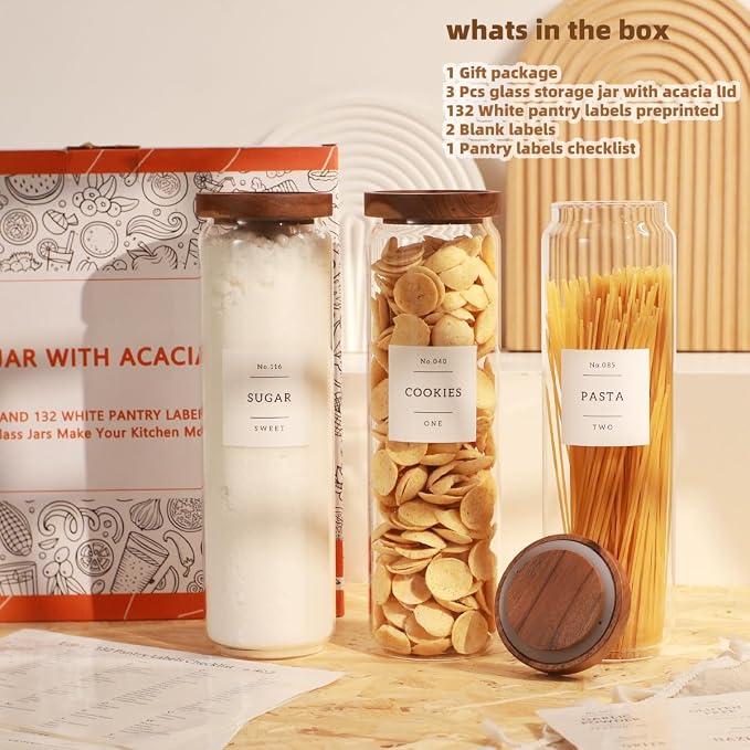 3 Pack Glass Canisters with Airtight Acacia Lids and 132 Kitchen Pantey Labels Preprint - 51 Fl Oz Borosilicate Glass Pantry Storage Jars Containers with Wooden Lids for Pasta,Spaghetti,Cereal,Noodles