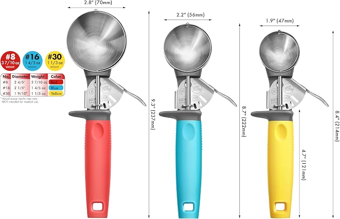 New New Star Foodservice Commercial-Grade Thumb Press Food Disher/Ice Cream Scoop, 3-Pack, #8 Red + #16 Blue + #30 Yellow, 18-8 Stainless Steel, NSF Certified