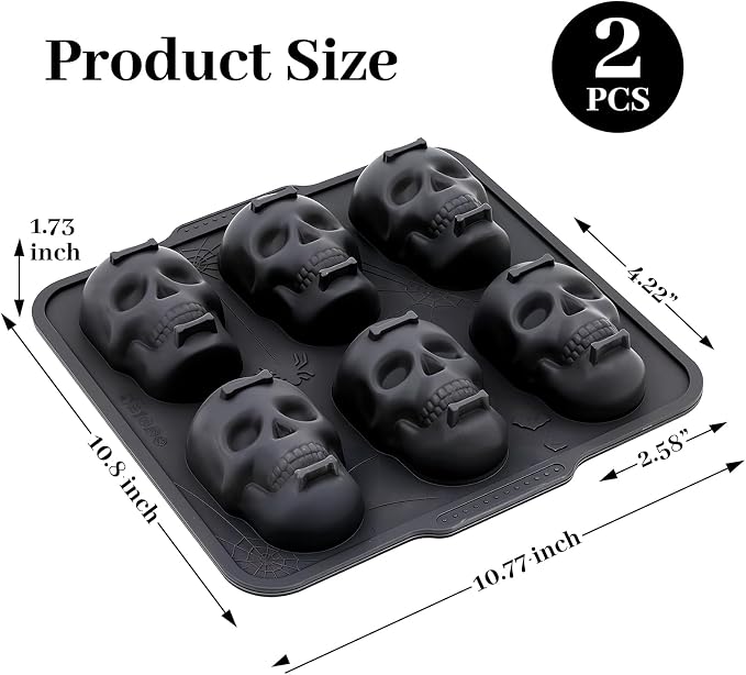 FUNBAKY Skull Baking Pan, Muffin Pan with Metal Reinforced Frame, Silicone Skull Cake Mold - Halloween Nonstick Large Molds for Baking with Handle (2 pack)