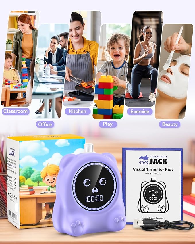 Visual Timer for Kids, 100 Min Digital Timer with Paused, Rechargeable Countdown/Up Timers, 3 Alarm, Silent, Vibrate & Sound Mod, Productivity Timers for ADHD, Classroom, Teacher, Exercise, Study