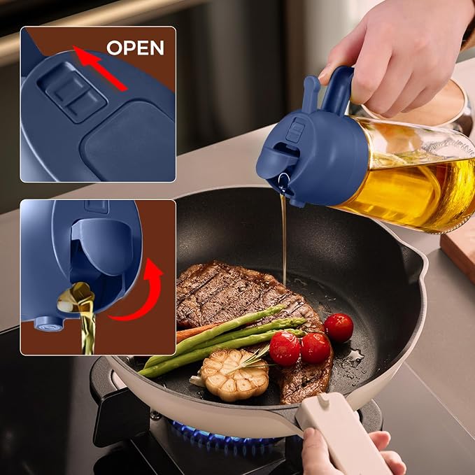 YARRAMATE 16 oz 2-in-1 Glass Olive Oil Sprayer for Cooking, Navy | Food-grade dispenser bottle, 470 ml, spray and pour, portion control, stickers included, for salad, frying and BBQ