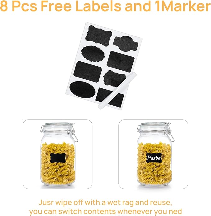 50oz Glass Food Storage Jars with Airtight Clamp Lids, 3 Pack | Food Storage Canister for Kitchen, Pantry Organization, Square Mason Jars for Storing Sugar, Flour, Cereal,Coffee,Cookies