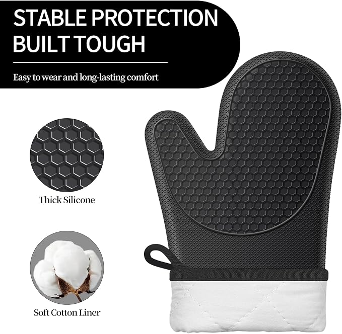 Silicone Oven Mitts, Heat Resistant, Soft Non-Slip Oven Gloves with Cotton Lining Kitchen Essentials for Baking, Cooking, BBQ, Apartment Essentials, 11.5 Inch Black