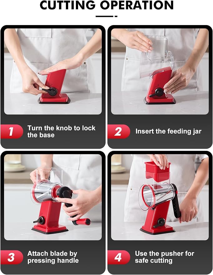 GDL Rotary Cheese Grater Hand Crank - Upgraded Cheese Shredder with 4 Interchangeable Blades, Rotary Grater with Non-slip Suction Base, Easy to Clean Kitchen Grater Slicer Grinder for Vegetable Nuts