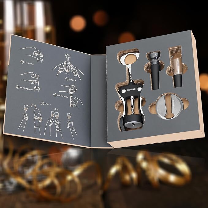 Beneno Multifunctional Wine Bottle Opener Gift Wing Corkscrew, Foil Cutter, Vacuum Stopper & Aerator Pourer, Perfect for Wine Lovers Man Woman, Elegant Black