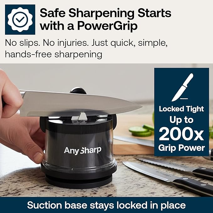 AnySharp – Pro – Hands Free Knife Sharpener - Easy to Use Sharpening Tool with PowerGrip Suction Base and 20-Degree Pre-Set Angle - for All Knives: Chef's, Serrated, and Hardened Steel - Cream