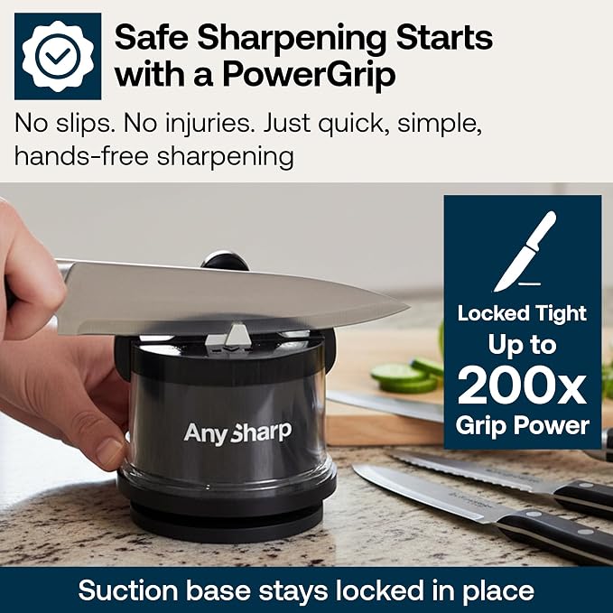 AnySharp – Chef – Hands Free Knife Sharpener - Easy to Use Sharpening Tool with PowerGrip Suction Base and 20-Degree Pre-Set Angle - for All Knives: Chef's, Serrated, and Hardened Steel - Brass