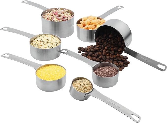 Measuring Cups Set of 7, 18/8 Stainless Steel Measuring Cups with 1/8, 1/4, 1/3, 1/2, 2/3, 3/4 & 1 Cup for Kitchen & Baking, Dry and Liquil Metal Metric Measure Cups Set