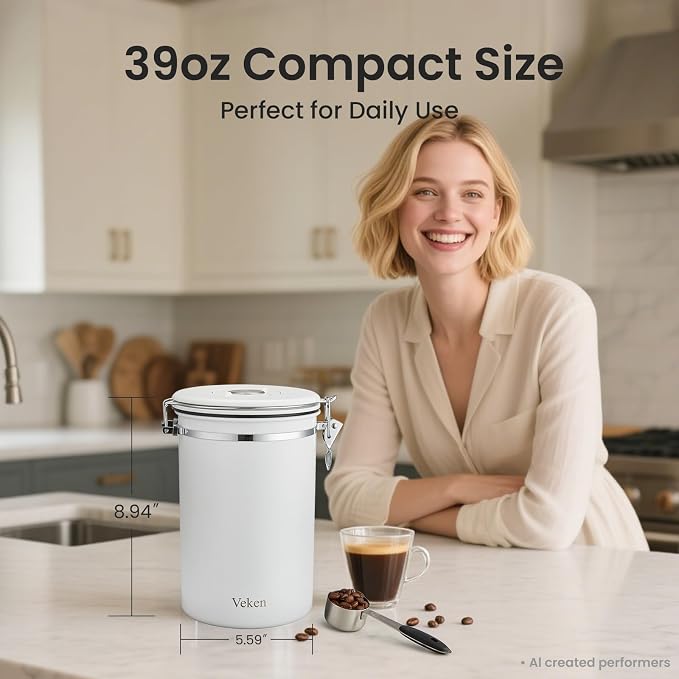 Veken Coffee Canister,39OZ, 2.2lbs,Large Airtight Stainless Steel Container | Date Tracker, Kitchen Food Storage Jars for Beans,Ground, Espresso, Rice,Tea, Sugar, Cereal, Cookie,Gifts, Lids, Scoop, White