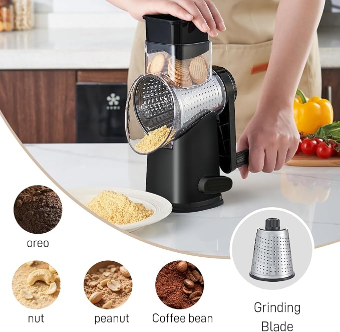 Weltonhm Rotary Cheese Grater with 4 Blades, Large Hand Crank Cheese Grater with Waffle Slicer, Black and White Cheese Slicer with Suction Base, Easier for Shredding& Grating (black, 4 Graters)