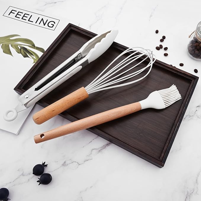 12pcs Wooden Handle Silicone Kitchen Utensils Set, Non-Stick Silicone Cooking Utensils, White Spatula Set, Turner Spoon, Brush Whisk, Gadgets Tools for Cookware Baking
