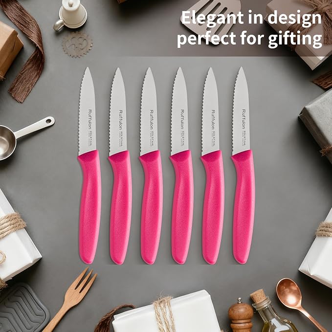 Stainless Steel Paring Knife With Serrated Blade, 6 Pieces Set Vegetable and Fruit Knife, Ultra Sharp Small Kitchen Knife, Rosy Paring Knives with PP Plastic Ergonomic Handle.