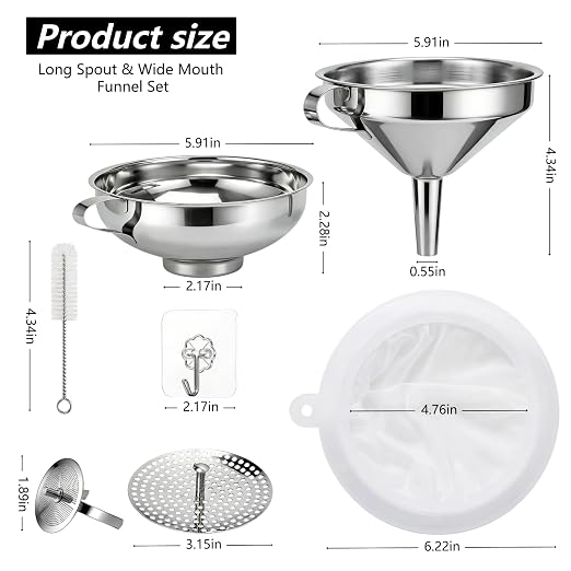 Stainless Steel 2 Pack Funnel Set Long Spout Funnel for Narrow Neck Bottles (Oil, Sauce) Wide Mouth Funnel for Mason Jars, Canning with 200μm Fine Mesh Strainer & Removable Filters (Large Set)