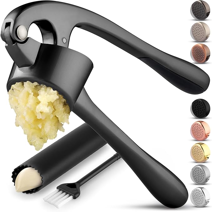 Zulay Kitchen Large Premium Garlic Press Set - Bigger Bowl for Bigger Garlic - Rust Proof Garlic Mincer Tool - Easy-Squeeze, Easy-Clean Silicone Garlic Peeler & Brush (Dark Gray)