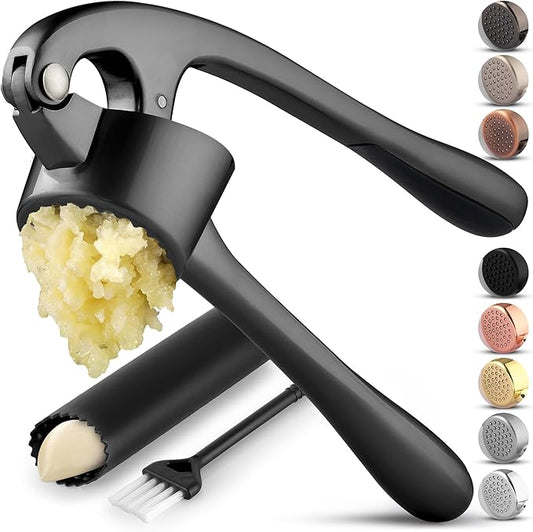 Zulay Kitchen Large Premium Garlic Press Set - Bigger Bowl for Bigger Garlic - Rust Proof Garlic Mincer Tool - Easy-Squeeze, Easy-Clean Silicone Garlic Peeler & Brush (Dark Gray)