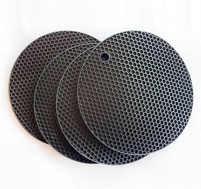 7-Inch Round Silicone Trivet Mats - 4-Pack Non-Slip Heat Resistant Hot Pads for Kitchen Countertops, Pots and Pans (Black)
