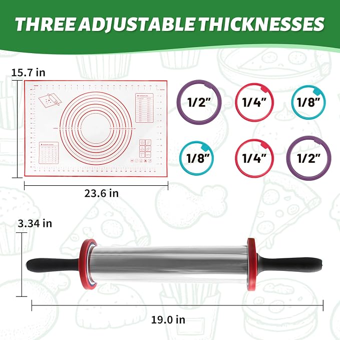 Rolling Pins,Rolling Pin and Silicone Baking Pastry Mat Set,Rolling Pins,Adjustable Stainless Steel Rolling Pin with Thickness Rings for Baking Dough,Pizza,Pie,Pasta(Red Mat)