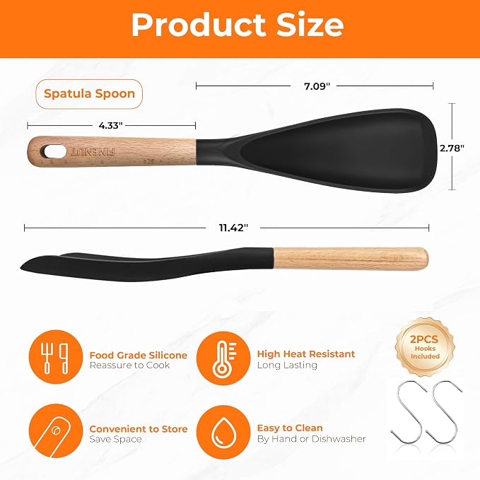2-Pack Silicone Cooking Spoons with Wood Handle & S-Hooks - Heat Resistant 446°F Spoonula for Nonstick Cookware - BPA Free Multifunction Spatula Spoon for Mixing, Scooping&Serving (Black&Gray)