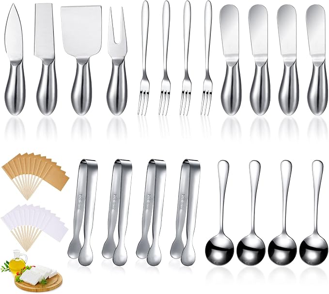 Patelai Charcuterie Board Accessories Cheese Spreader Knife Set Charcuterie Utensils Butter Knife Stainless Steel Mini Serving Tongs Spoons Appetizer Forks for Pastry(Silver,20 Pieces)