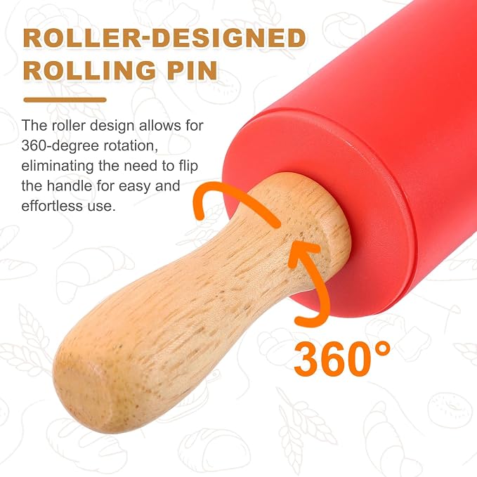 uxcell Rolling Pins for Baking, 9 Inch Silicone Non-Stick Rolling Pin Baking Roller Wooden Handle for Home Kitchen Dough Cookies Pastry, Red